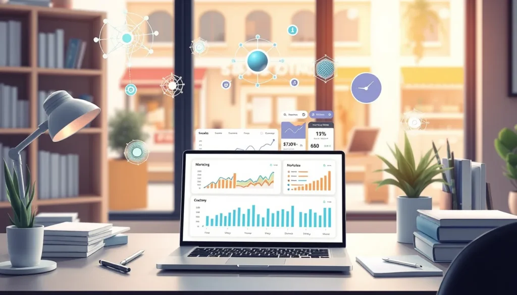 Desk with laptop showing AI marketing dashboard, floating neural network icons, marketing charts, and storefront window.