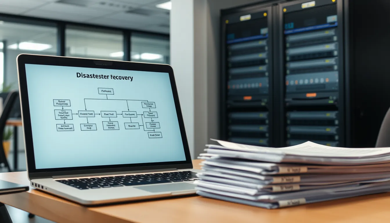 Laptop screen shows a disaster recovery flowchart, a server rack in background, and documents on desk.