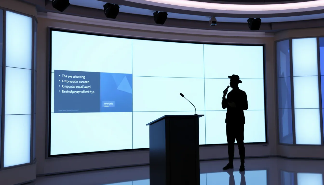 Generic presenter silhouette standing before a screen with slides, holding a microphone, in a bright studio.