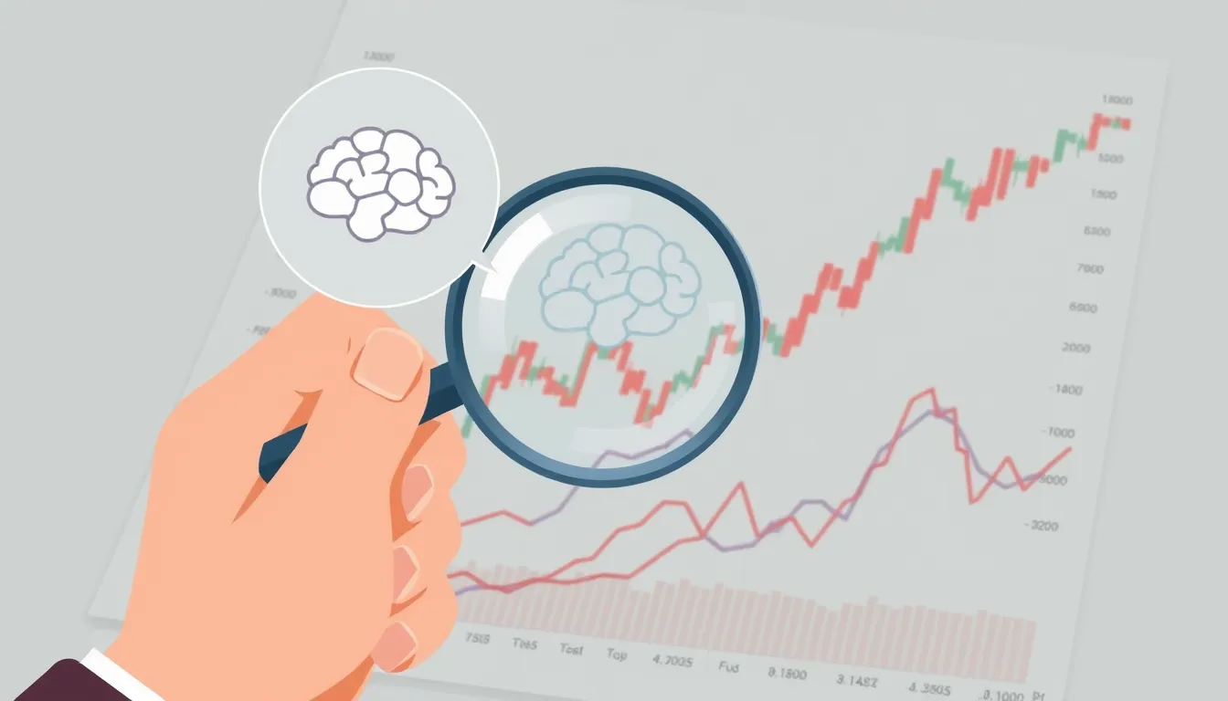 Hand with magnifying glass over stock chart, subtle brain icon overlay.